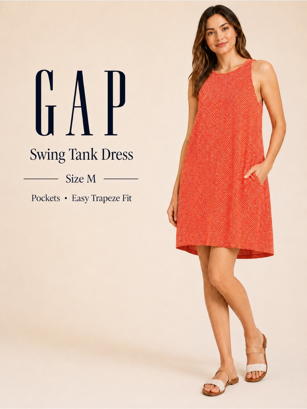 Gap Orange Print Swing Tank Dress Size M‎ Sleeveless Pockets